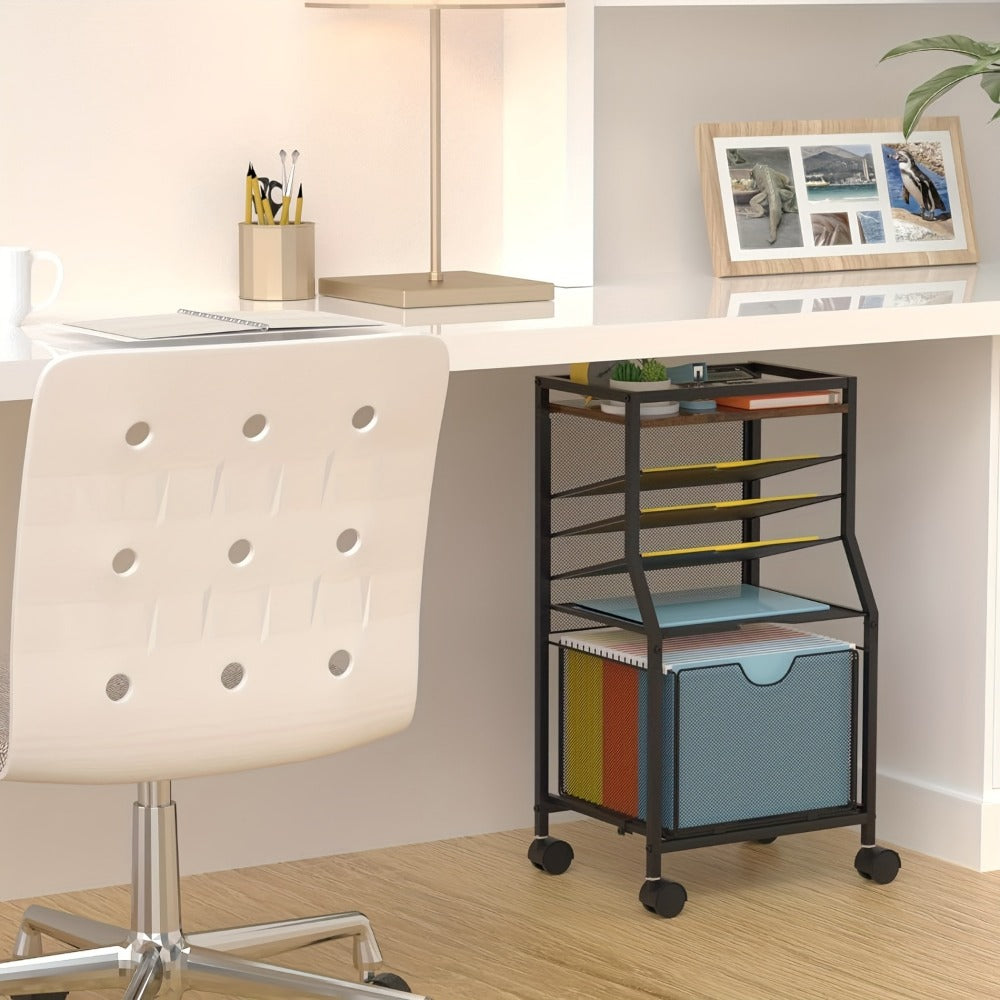 Rolling File Cart with Drawer for Hanging File Folders – Under Desk Office Cart with Paper Trays, Wood & Mesh 3-in-1 File Organizer, 14.8"L x 11.8"D x 27.7"H