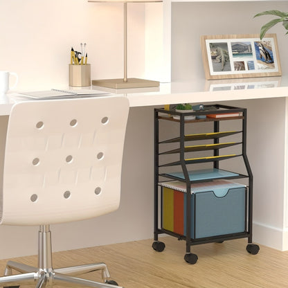 Rolling File Cart with Drawer for Hanging File Folders – Under Desk Office Cart with Paper Trays, Wood & Mesh 3-in-1 File Organizer, 14.8"L x 11.8"D x 27.7"H