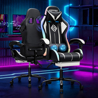 LED Gaming Chair with Wireless Speakers And Massage, Big And Tall Video Game Chair for 397Lbs with Footrest, Reclining High Back Computer Desk Chair
