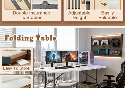 Folding Table 2.5/4/6FT Portable Heavy Duty Plastic Fold-in-Half Utility Table Portable Dining Table Indoor Outdoor Adjustable Height Folding with Carrying Handle, Locks, Camping and Party, Picnic Table -White/Black