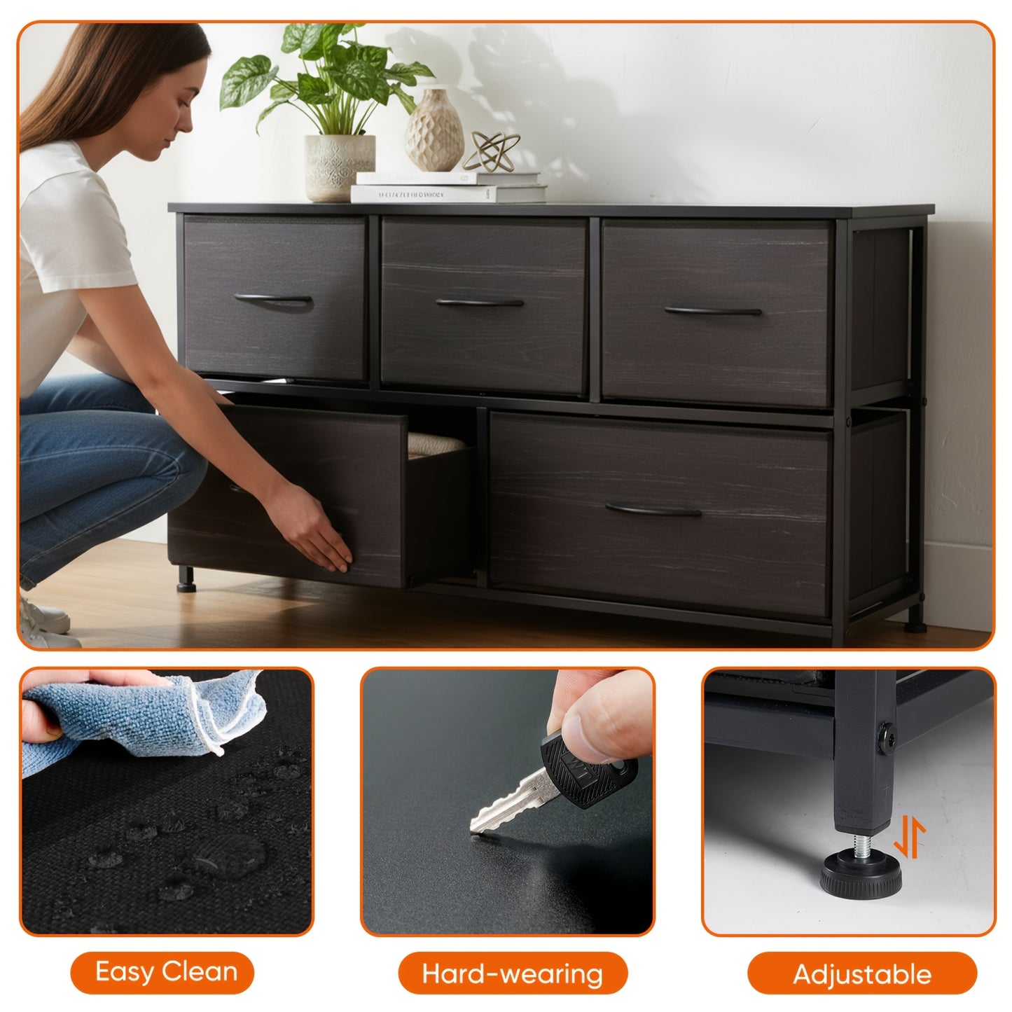 Modern 5-Drawer Dresser with Fabric Bins - Wide Chest of Drawers, Space-Saving, Assembly, Wood-Free Suitable for Apartment, Closet, Hallway - Compact Organizer with Ample Storage (3.2+ Cubic Feet)