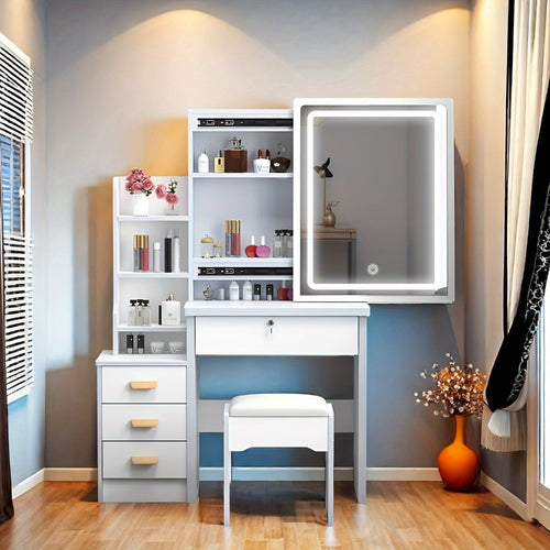 Vanity Dressing Table with Sliding Mirror & Cushioned Stool | 4 Drawers, 3 Shelves, Mirror Cabinet, White Bedroom Makeup Desk for Small Spaces