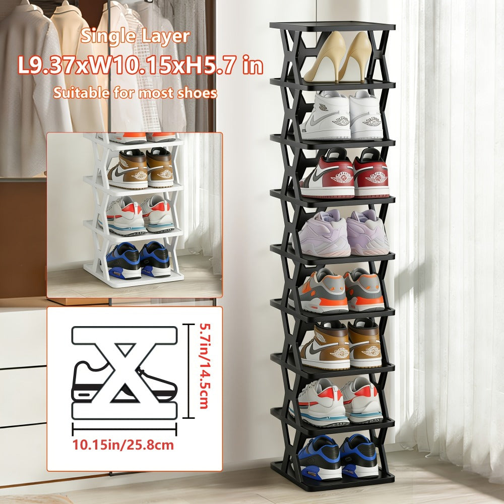 Stackable Shoe Organizer Rack 6 or 9 Tier Vertical Plastic Shoe Rack with Shoe Horn for Closet Hallway Entryway Bathroom Dorm Space Saving White Black
