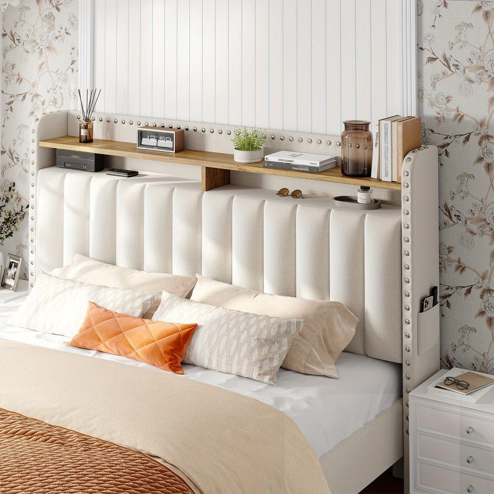 King Size Upholstered Bed Frame with Storage 2 Drawers 2-Tier Headboard Wood Slats No Box Spring Noise-Free Easy Assembly Modern Grey Beige