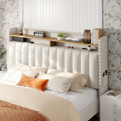 King Size Upholstered Bed Frame with Storage 2 Drawers 2-Tier Headboard Wood Slats No Box Spring Noise-Free Easy Assembly Modern Grey Beige
