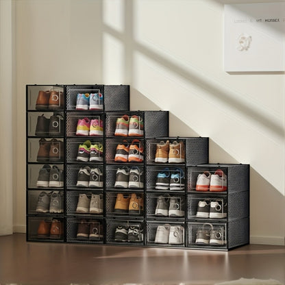 Clear Shoe Boxes with Lids Stackable Foldable Transparent Plastic Shoe Storage Organizer Waterproof Space Saving for Bedroom Closet Entryway Dorm White Black 6 12 24 Pack