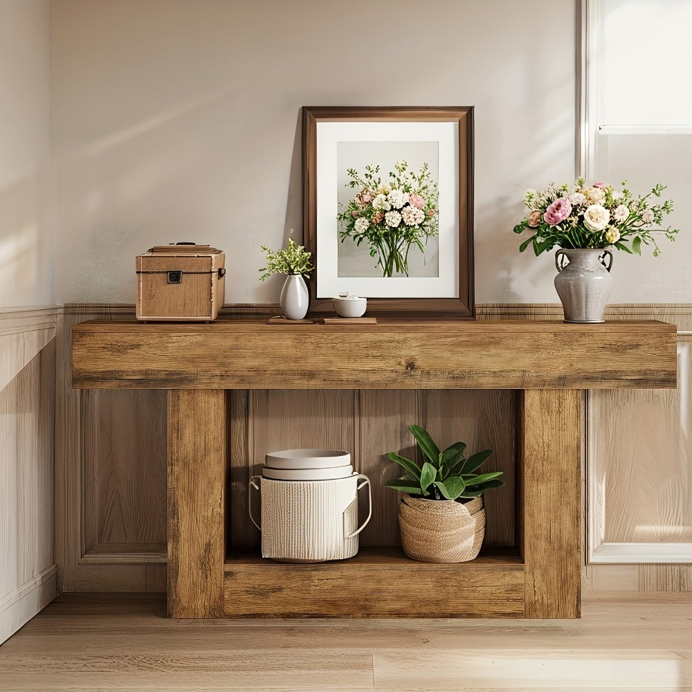 Farmhouse Console Table with U-Shaped Base & Open Shelf, Rustic Country Style MDF Entryway Table for Living Room Hallway Foyer Corridor