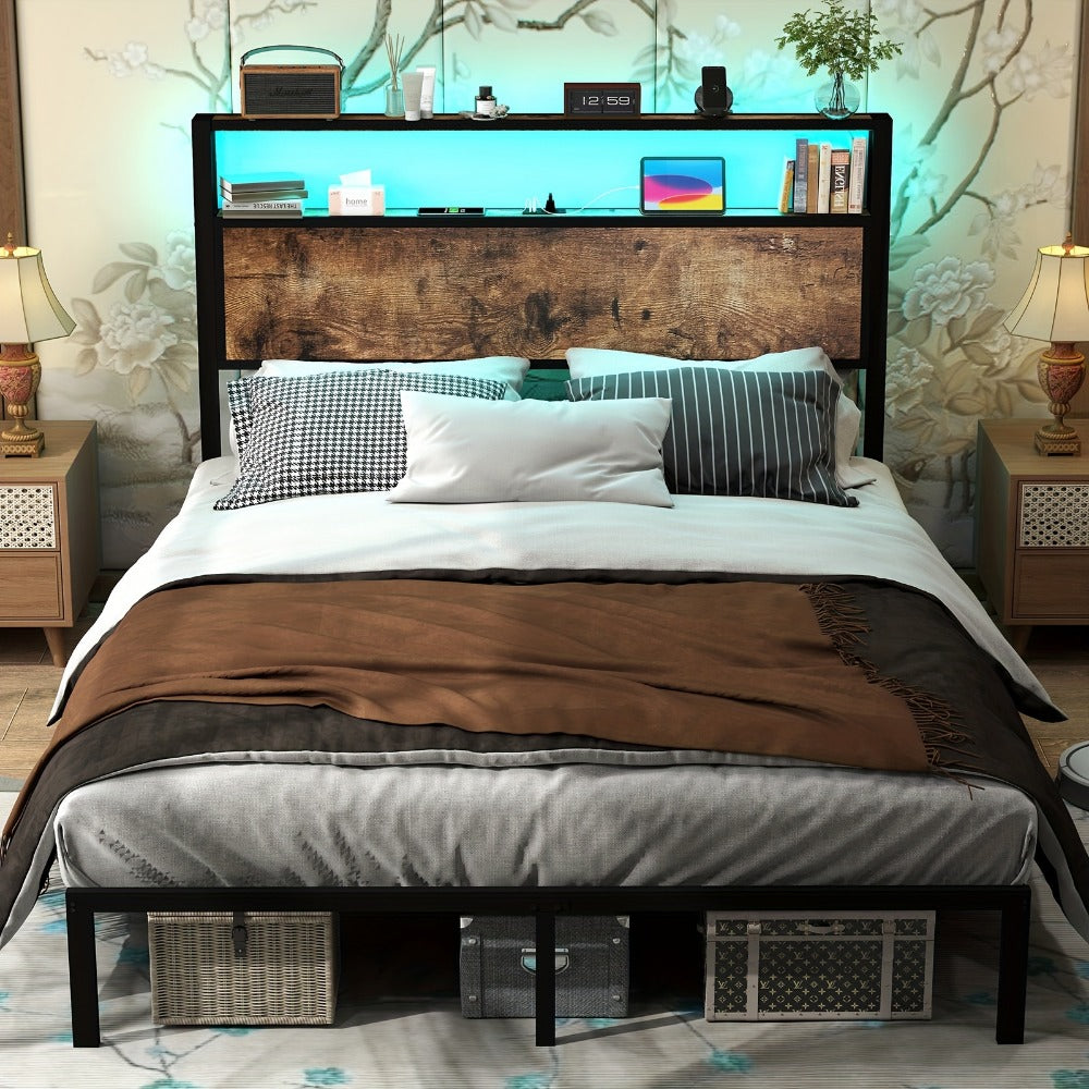 LED Bed Frame with Storage Headboard Charging Station 12 Color Lights Under Bed Storage No Box Spring Full Queen King