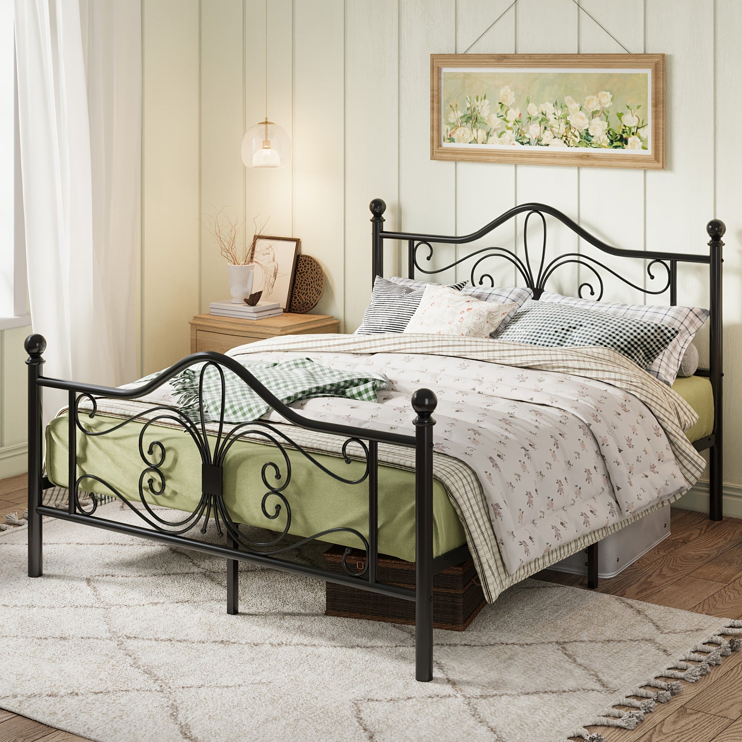 WEEWAY Metal Bed Frame with Headboard, Platform Bed with Butterfly Pattern Design Headboard & Footboard, No Box Spring Required, Easy Assembly