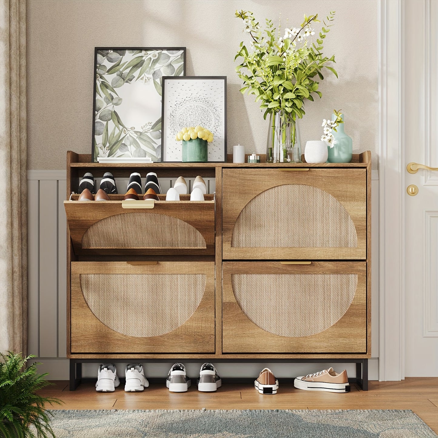 Rustic Oak Rattan Shoe Storage Cabinet, 2/3/4 Flip Drawers Freestanding Narrow Shoe Organizer, Shoe Rack With Sturdy Metal Legs And Hidden Golden Handles, Space Saving Hidden Footwear Storage Furniture Perfect For Entryway Hallway Front Door Home De