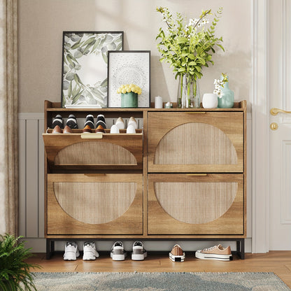 Rustic Oak Rattan Shoe Storage Cabinet, 2/3/4 Flip Drawers Freestanding Narrow Shoe Organizer, Shoe Rack With Sturdy Metal Legs And Hidden Golden Handles, Space Saving Hidden Footwear Storage Furniture Perfect For Entryway Hallway Front Door Home De
