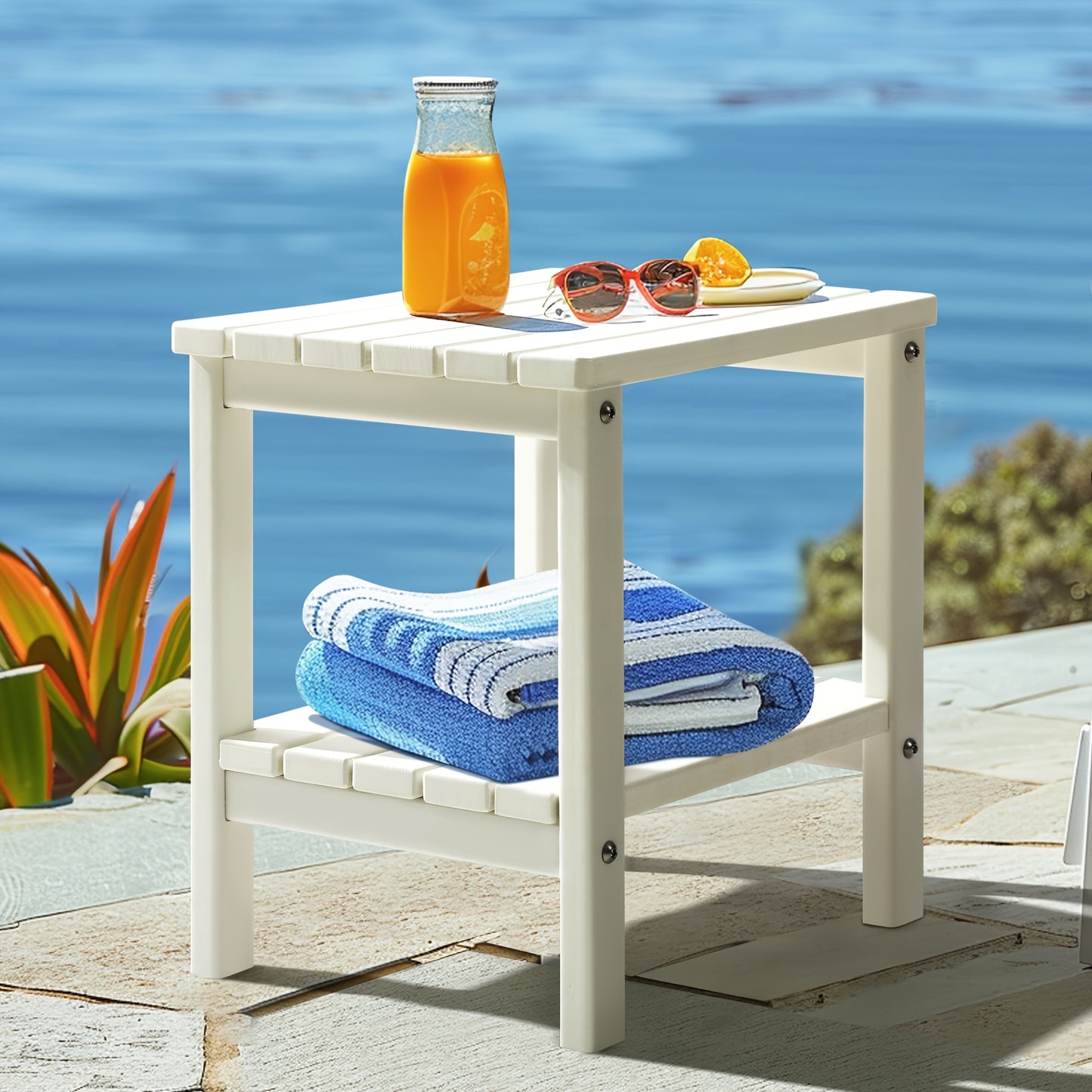 2-Tier Adirondack Square Side Table, 17" HDPE Outdoor Side Tables, Weather Resistant End Table for Patio, Backyard, Pool, Indoor Companion, Beach, Easy Maintenance, Halloween & Christmas Decorations