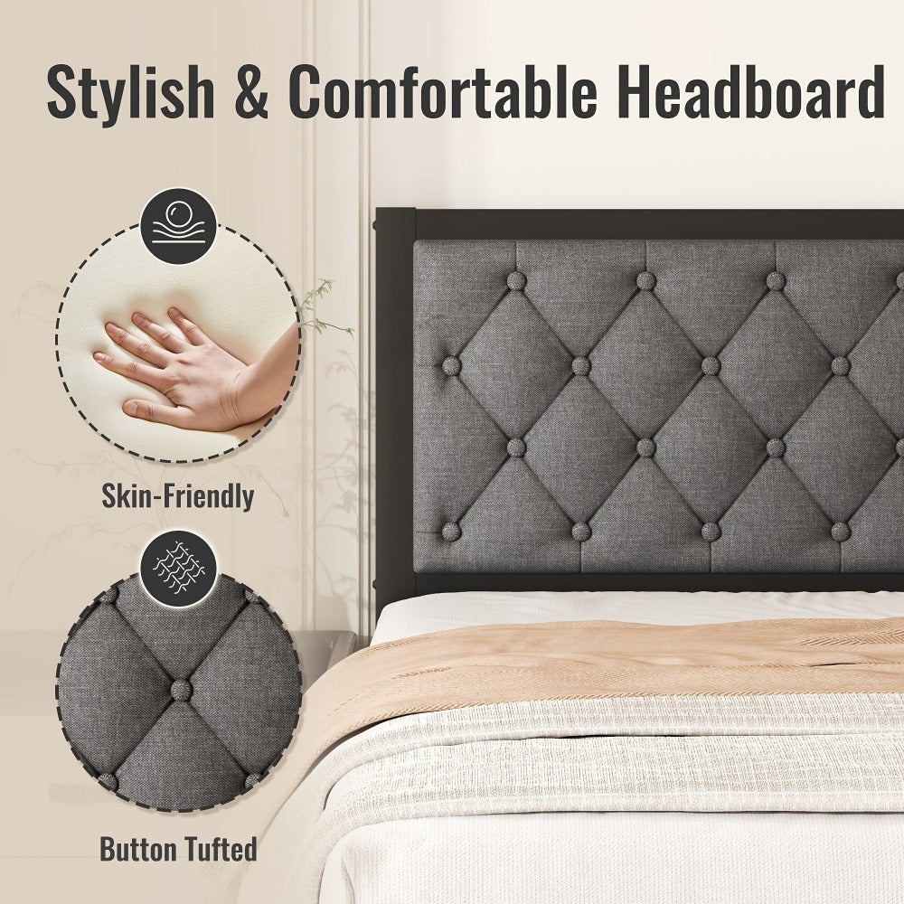 Upholstered Platform Bed Frame with Button Tufted Headboard Noise-Free Steel Slats 12.6 Inch Under-Bed Storage No Box Spring Needed Twin Queen Grey