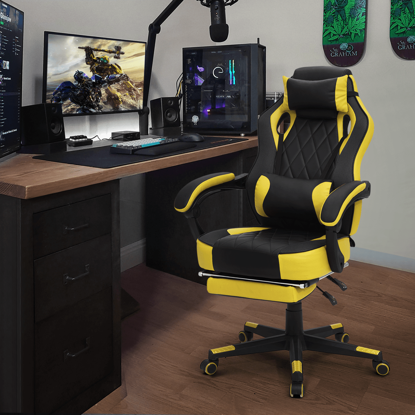 Ergonomic Gaming Chair with Retractable Footrest & Detachable Lumbar Support 360 Degree Swivel Racing Style PU Leather Computer Gaming Chair with Headrest for Home Bedroom Office