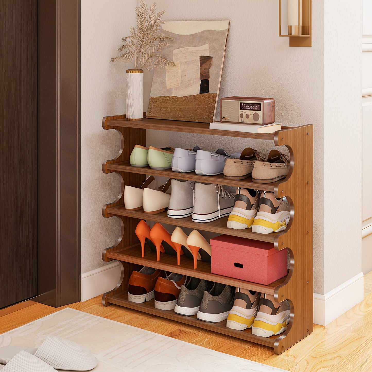 A [Bamboo Shoe Rack] Christmas Gift Bamboo Shoe Rack | Wood Grain Finish Shoe Storage Rack, Holds 6/15/24 Pairs, Easy to Assemble, Space-Saving | 3/5/6-Tier Shoe Rack for Front Door Entryway, Entry Hallway, Living Room, Bedroom, Garage