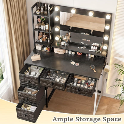 Vanity Desk with Lighted Mirror and Power Strip 5 Large Drawers 3 Color LED Lights Hair Dryer Rack Makeup Dressing Table Set Black White