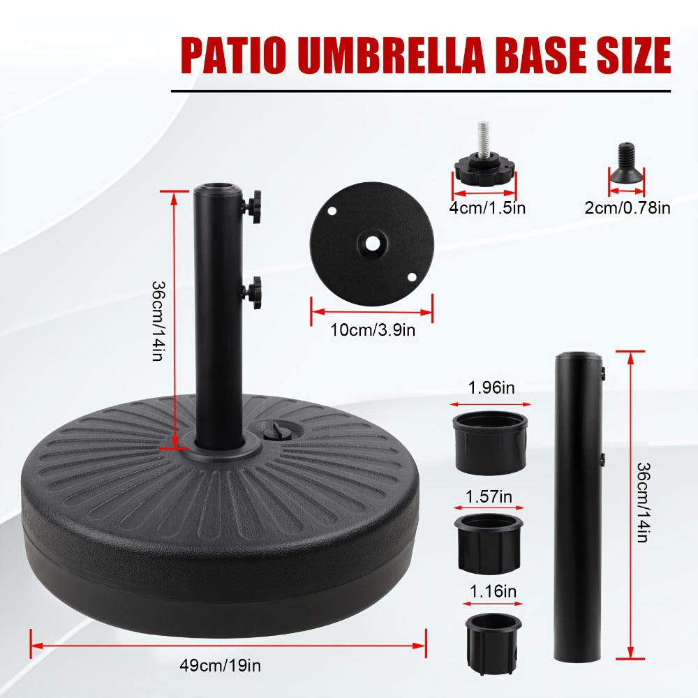 Heavy Duty Patio Umbrella Base Round Plastic Stand 50lb Capacity 3 Liner Rings Adjustable Knobs Black
