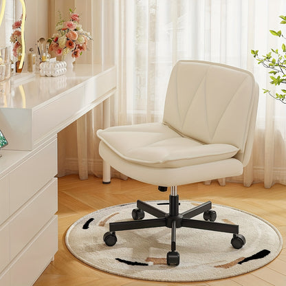 27" W Criss Cross Chair With Wheels, Cross Legged Office Chair, Comfy Vanity Chairs With Wheels And Back, Swivel Armless Office Chairs, 2-Layer Cushion, Height Adjustable, Home Office