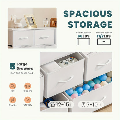 5-Drawer Dresser with Fabric Drawers & Cabinet Suitable for Bedroom, Room with Plastic Frame & Top, Low Chest Organizer Unit with Removable Bins, Space-Saving Furniture for Closet,, Hallway, Assembly