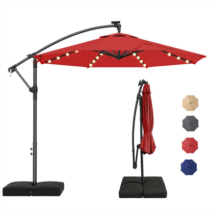 360 Degree Rotation 10Ft Solar Patio Umbrella with Base Included, Offset Cantilever Outdoor Umbrella with 32 LED Lights, Offering UPF50+ UV Protection, 8 Sturdy Ribs, for Outdoor, Pool, Deck And Garden