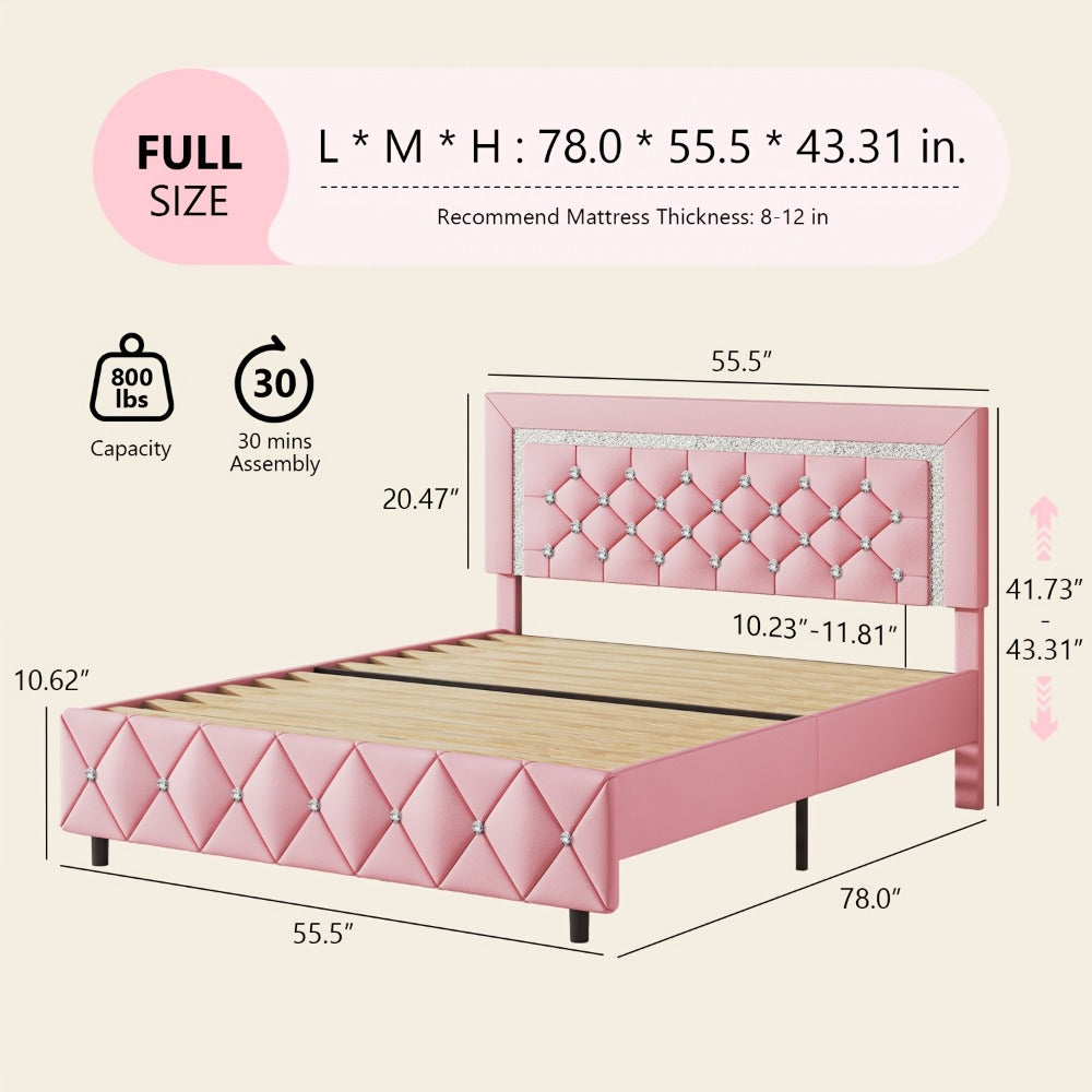 Upholstered Platform Bed Frame with Button-Tufted Diamond Headboard – Wooden Slats, No Box Spring Needed, Twin Full Queen King, Black White Pink Green Gray Beige