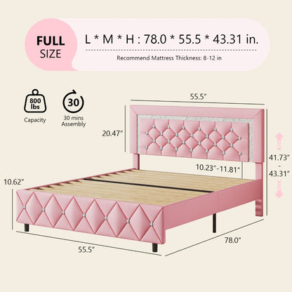 Upholstered Platform Bed Frame with Button-Tufted Diamond Headboard – Wooden Slats, No Box Spring Needed, Twin Full Queen King, Black White Pink Green Gray Beige