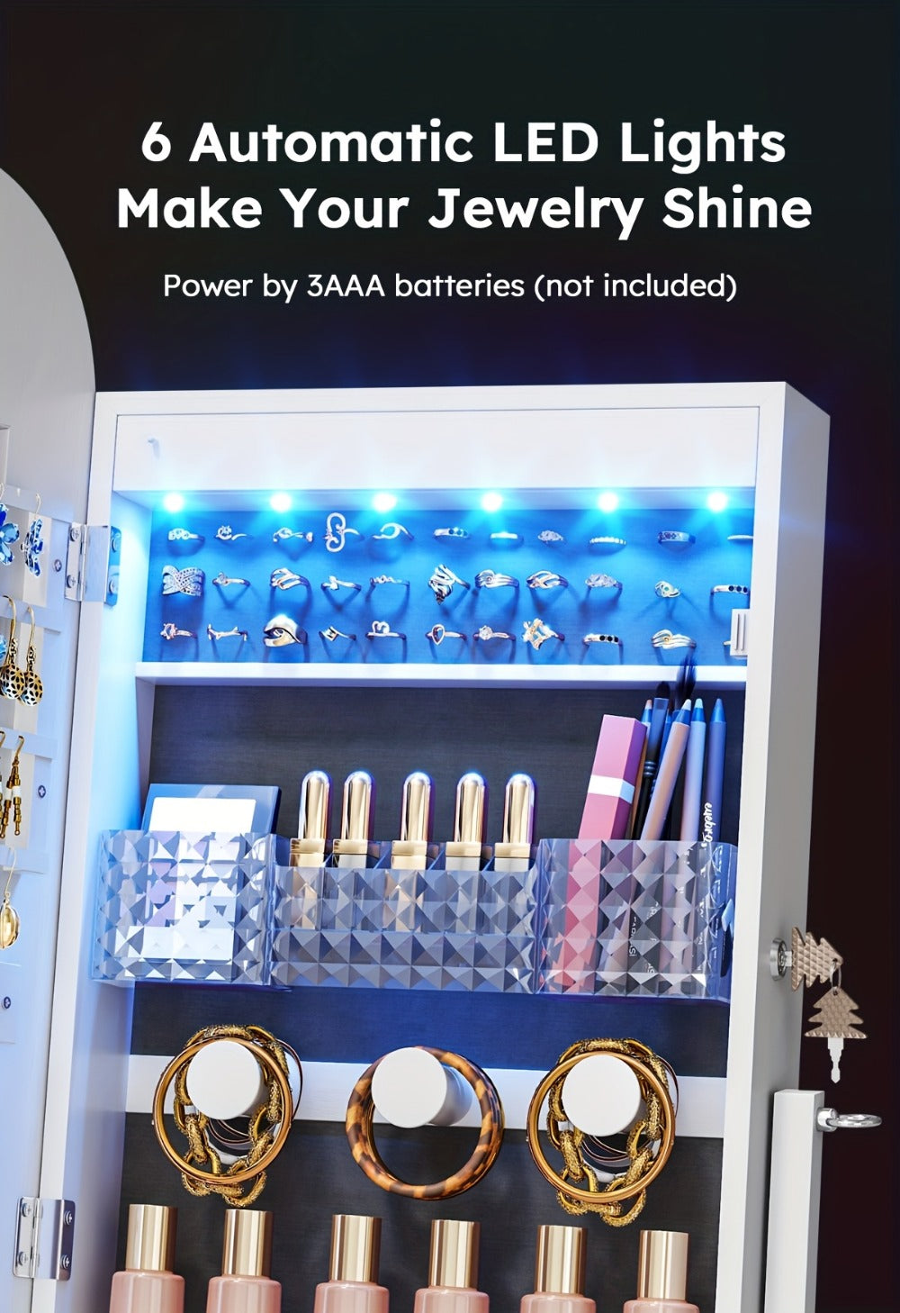 LED Jewelry Cabinet with Mirror Lockable Arched Floor Standing or Wall Hanging Jewelry Organizer for Necklaces Rings Earrings – USB Powered RGB Lights, White