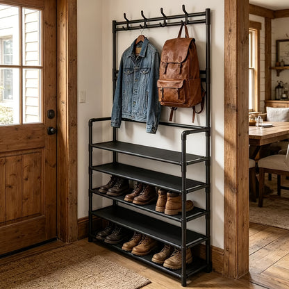 5-Tier Metal Shoe Rack With 8 Multi-Functional Hooks, Freestanding Entryway Organizer For Shoes, Coats, Hats & Bags, Space-Saving Shoe Storage Shelf For Hallway, Bedroom, Living Room