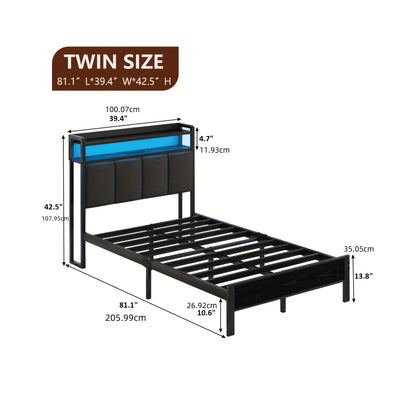 Twin Full Queen King Bed Frame with Storage Headboard And LED Lights, Charging Station, King Size Bed Frame with Headboard, Heavy-Duty Metal Slatted Base Support, No Spring Mattress Required, Easy Assembly, Grey, White, Cream