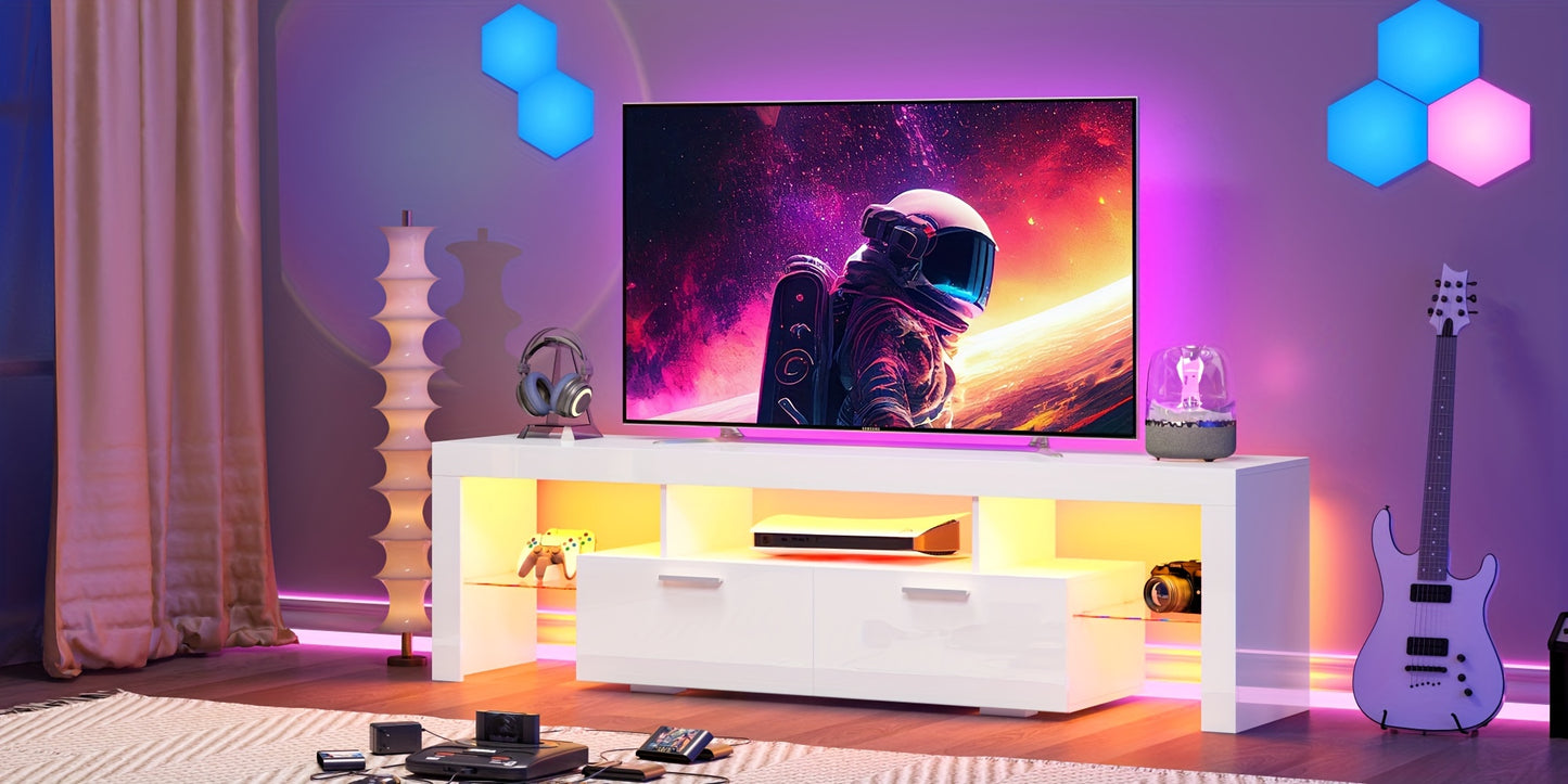 A Sleek LED TV Stand Designed for 55 to 80-Inch Televisions, Featuring a Universal Entertainment Center Equipped with Storage Drawers And LED Lighting. This Contemporary Media Console Is Suitable for Your Living Room, Game Room, Or Bedroom