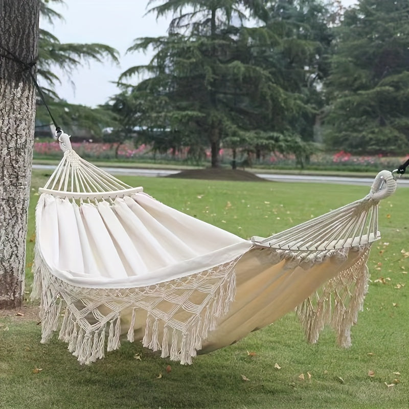 Tusheng Bohemian Style Hammock with Fringe, Blend Fabric, Extra Thick Ropes, 450lb Capacity, Outdoor/Garden/Patio/Wedding Decor, Includes Carry Bag