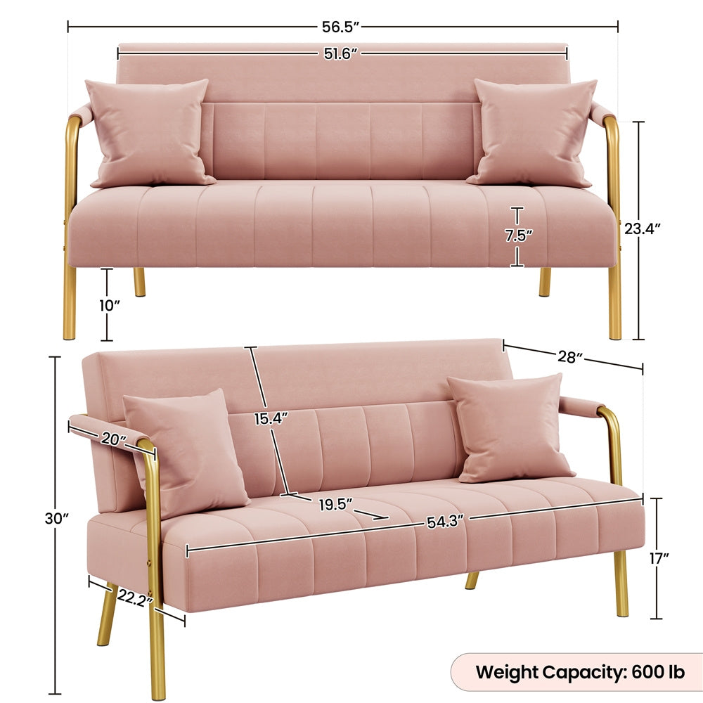 Costoffs Velvet Fabric Sofa Couch, 56.5″ W Modern Loveseat Couch with Gold-tone Metal Arms, Legs & 2 Pillows, Sofa for Living Room, Bedroom Furniture