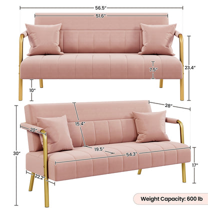 Costoffs Velvet Fabric Sofa Couch, 56.5″ W Modern Loveseat Couch with Gold-tone Metal Arms, Legs & 2 Pillows, Sofa for Living Room, Bedroom Furniture