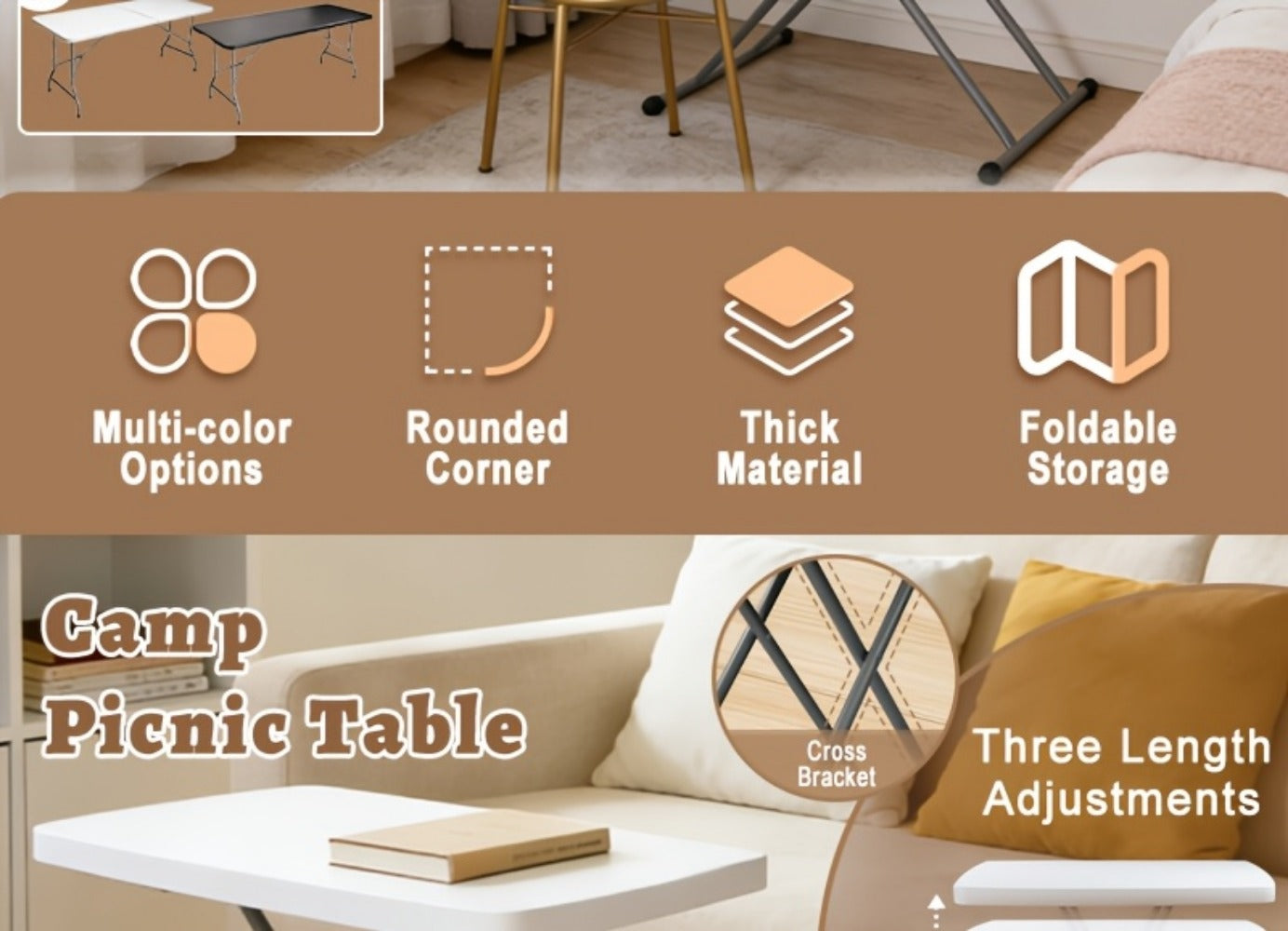 Folding Table 2.5/4/6 FT Portable Heavy Duty Plastic Fold-in-Half Utility Table, Adjustable Height with Carrying Handle for Indoor Outdoor Camping Party Picnic Dining, White & Black