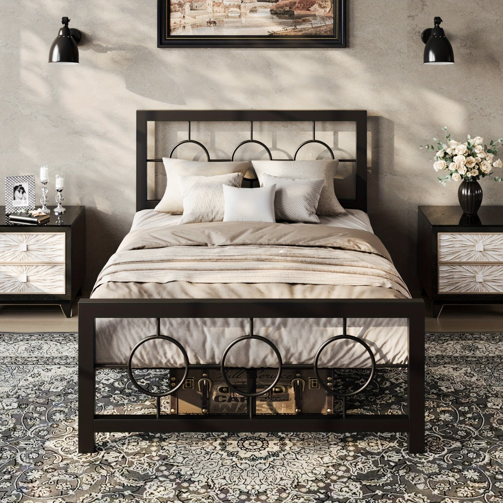 Metal Platform Bed Frame with Vintage Circular Design Headboard and Footboard Under Bed Storage No Box Spring Twin Full Queen King Black Brown