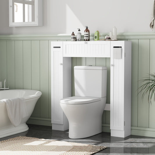 White Bathroom Storage Cabinet Designed to Fit Over The Toilet, Featuring a Paper Holder And Adjustable Shelves, Along with Two Side Doors And a Pull-Down Door