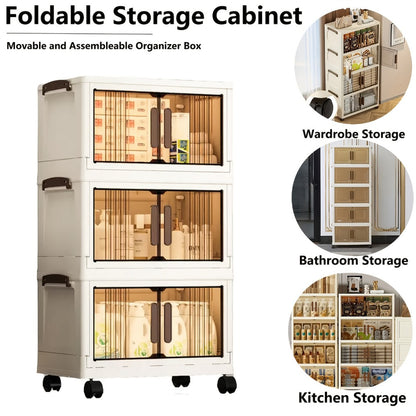 Folding Storage Cabinet with Lids & Wheels – Collapsible Stackable Plastic Storage Bins for Closet, Bedroom, Living Room & Home Office, 3, 4 or 5 Layer Foldable Organizer
