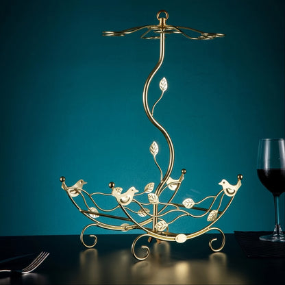 Nautical Boat Wine Rack with Glass Holder – Holds 2 Bottles & 6 Glasses, Iron Countertop Wine Rack for Kitchen Dining Room Bar, Decorative Bird Leaf Motif