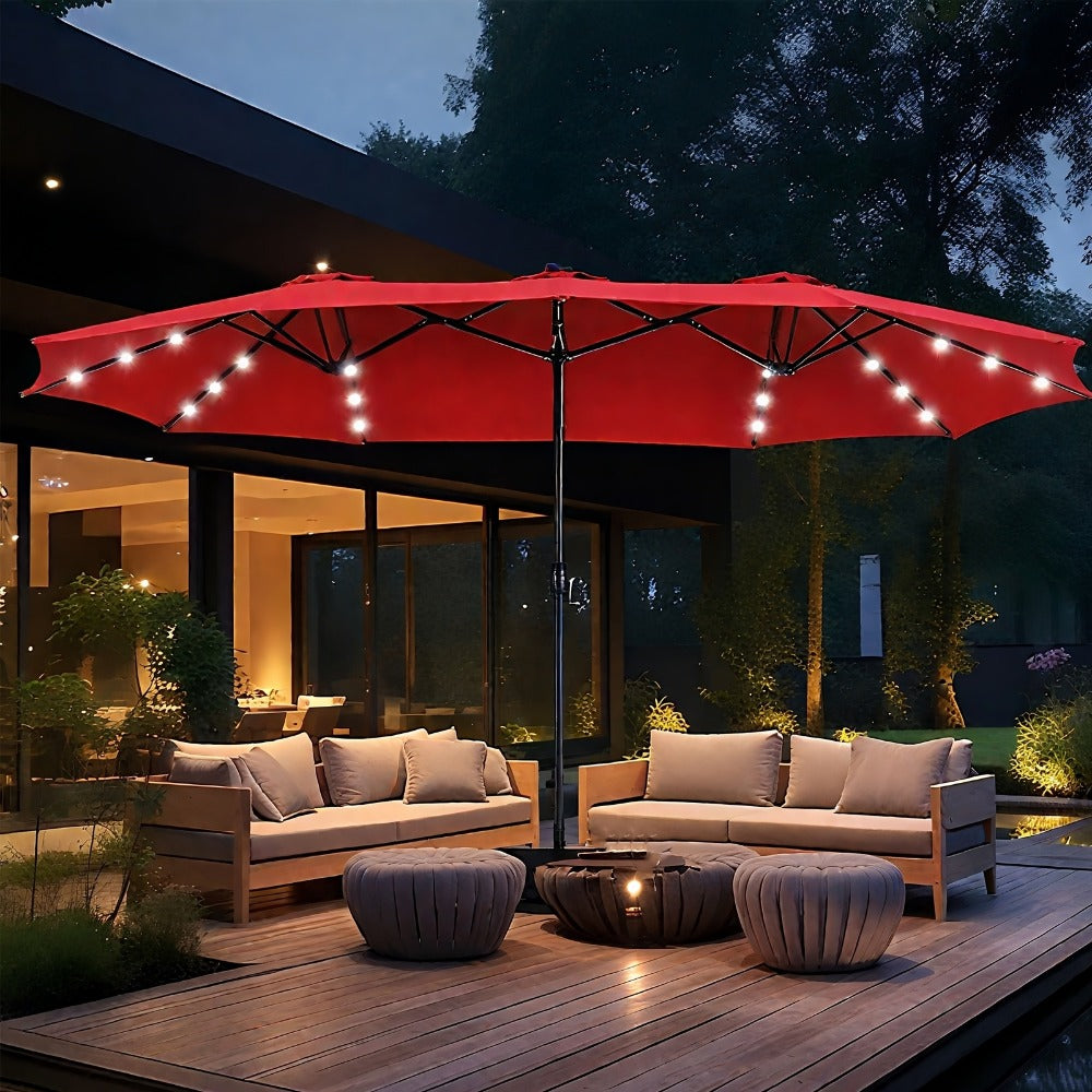 15 Ft Solar LED Patio Umbrella Double Sided with Base 48 LED Lights UPF50+ UV Protection 12-Rib Crank Handle for Lawn Garden Deck Pool 5 Colors