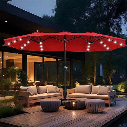 15 Ft Solar LED Patio Umbrella Double Sided with Base 48 LED Lights UPF50+ UV Protection 12-Rib Crank Handle for Lawn Garden Deck Pool 5 Colors
