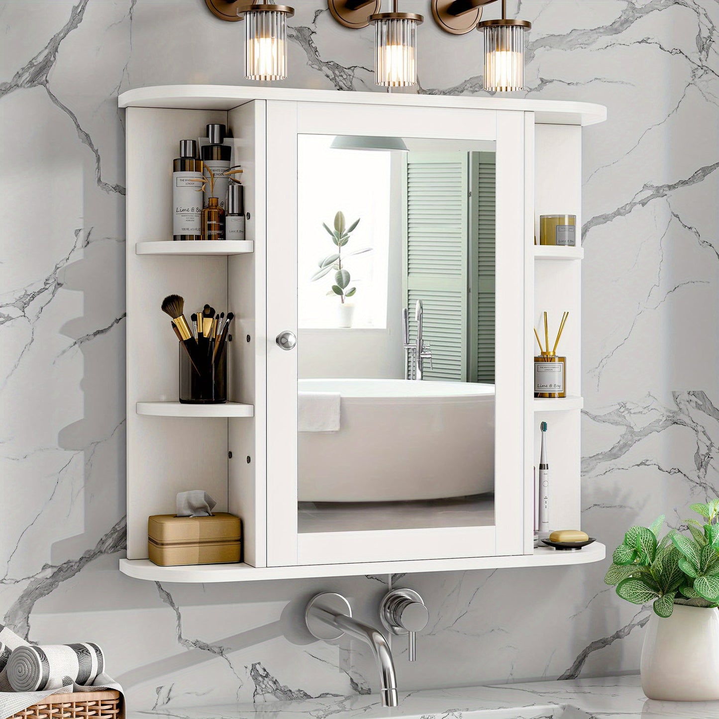 Bathroom Medicine Cabinet, Bathroom Mirror Cabinet Wall Mounted with 6 Side Open Shelves, White Wall Cabinet with Mirror, White