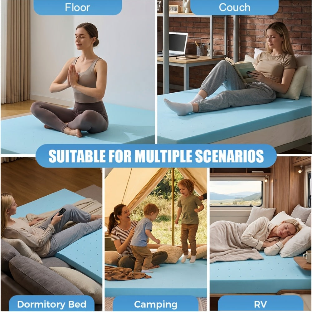 Cooling Gel Memory Foam Mattress Topper, Breathable Gel Premium Memory Foam Mattress, Fits All Mattresses, Ventilated Soft Breathable Mattress, Available In 1.5", 2", 3", And 4" Thicknesses, Multiple Sizes To Suit Different Needs, Blue
