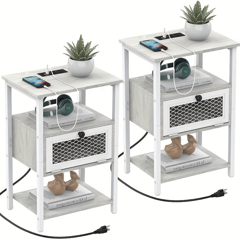 [Nightstands With Charging] A Pair of Nightstands Featuring a Charging Station, Ideal for Bedrooms Or Living Rooms. These Modern Side Tables Come with Storage Drawers And Include USB Ports And Outlets, Perfect for Small Farmhouse Spaces