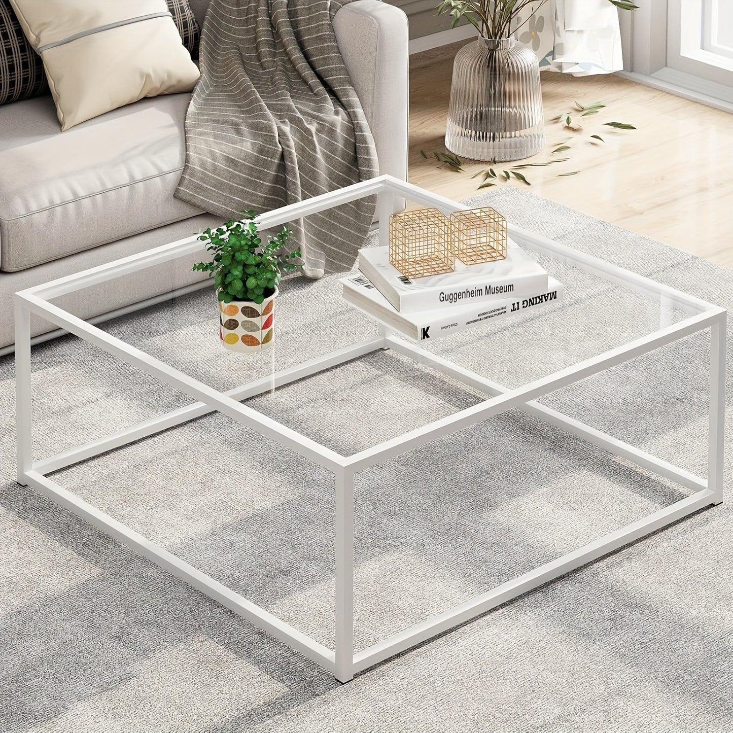 Glass Coffee Table, Suitable for Living Rooms Square Coffee Table, Ideal for Small Spaces Minimalist Tea And Cocktail Modern Center Table Living Room Table, Easy Assembly 26 X 26 Inches Clear Glass