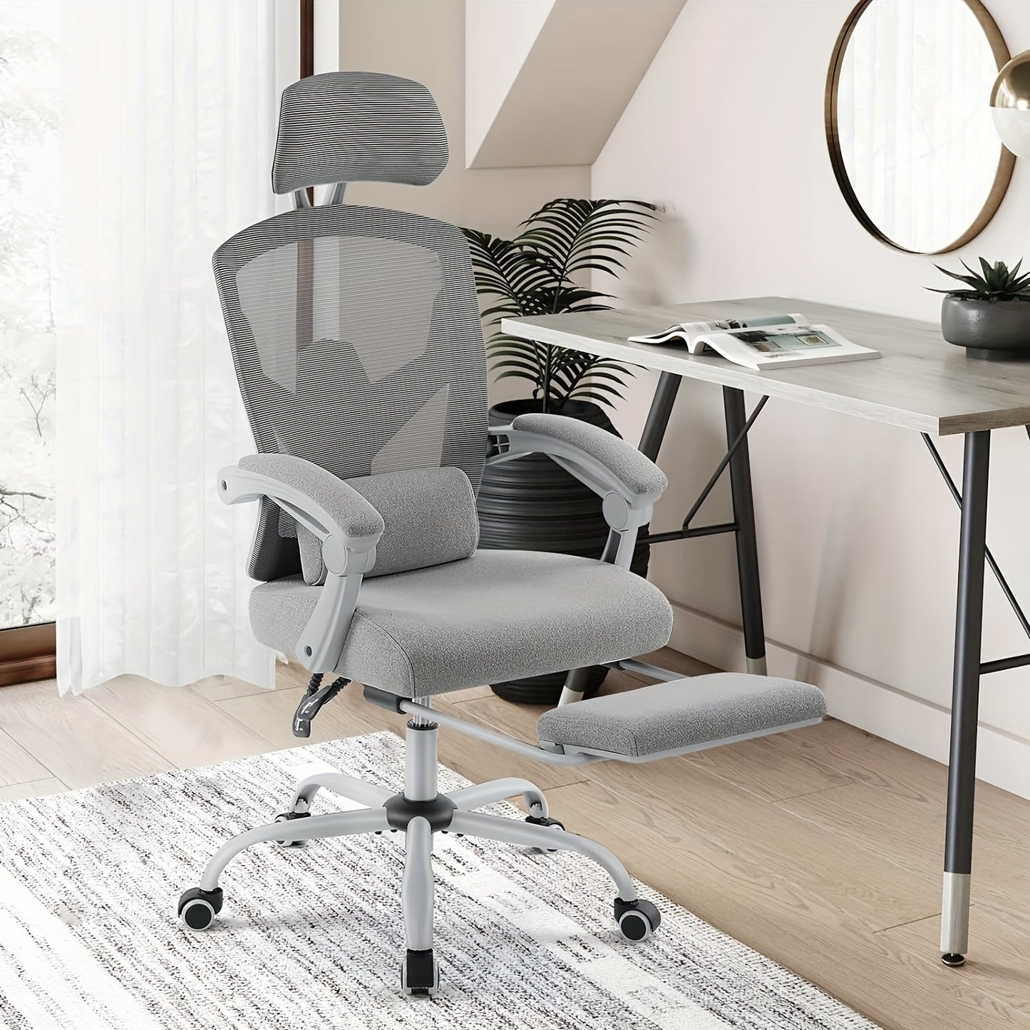 Ergonomic Office Chair With Footrest, Computer Desk Chair For Adults, High Back Mesh Rolling Swivel Reclining Chairs With Wheels Headrest Armrest