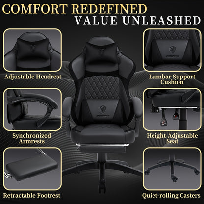 Ergonomic Gaming Chair with Pocketed Spring Cushion And Massage Lumbar Support - High Back Office Chair with Adjustable Footrest, 300LBS Load Capacity, Premium Black Adult PU for Ultimate Comfort!