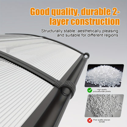 Polycarbonate Window Awning with Large Gutter – UPF50+ Rain, Sun & UV Protection Canopy for Windows, Doors & Garage – Transparent & Grey Panels, ABS Brackets, 9 Sizes (32"-40" Wide)