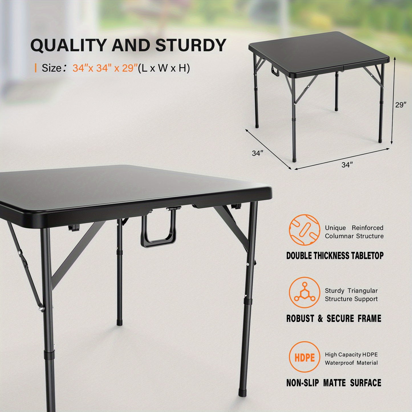 Bonnlo 34 Inch Folding Card Table Square Bi Folding HDPE Tabletop Sturdy Metal Frame Lock Design for Stability Indoor Outdoor Use Black/ White Folding Dining Table Foldable Kitchen Party Wedding Event Commercial Table