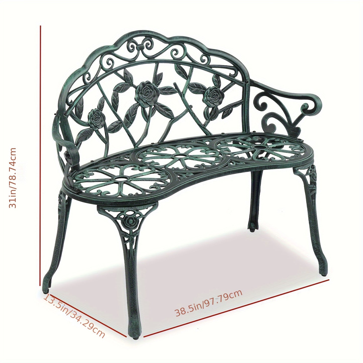 38.5in Rose-Shaped Outdoor Aluminum Patio Bench With Vintage Rose Carved Curved Legs, Suitable For Patios, Courtyards, And Gardens
