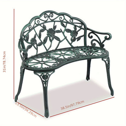 38.5in Rose-Shaped Outdoor Aluminum Patio Bench With Vintage Rose Carved Curved Legs, Suitable For Patios, Courtyards, And Gardens